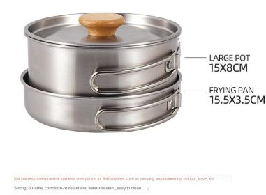 304 Stainless Steel Camping Cookware Set – Portable Frying Pan & Soup Pot with Folding Handles