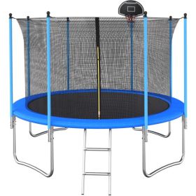 10 FT Blue Outdoor Trampoline with Safety Enclosure – 64 Springs & Weather-Resistant Jumping Mat