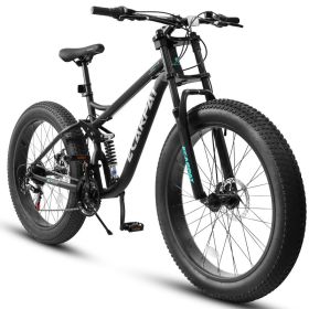 26" Full-Suspension Fat Tire Mountain Bike – 21-Speed SHIMANO Drivetrain & Disc Brakes (Option: Black)